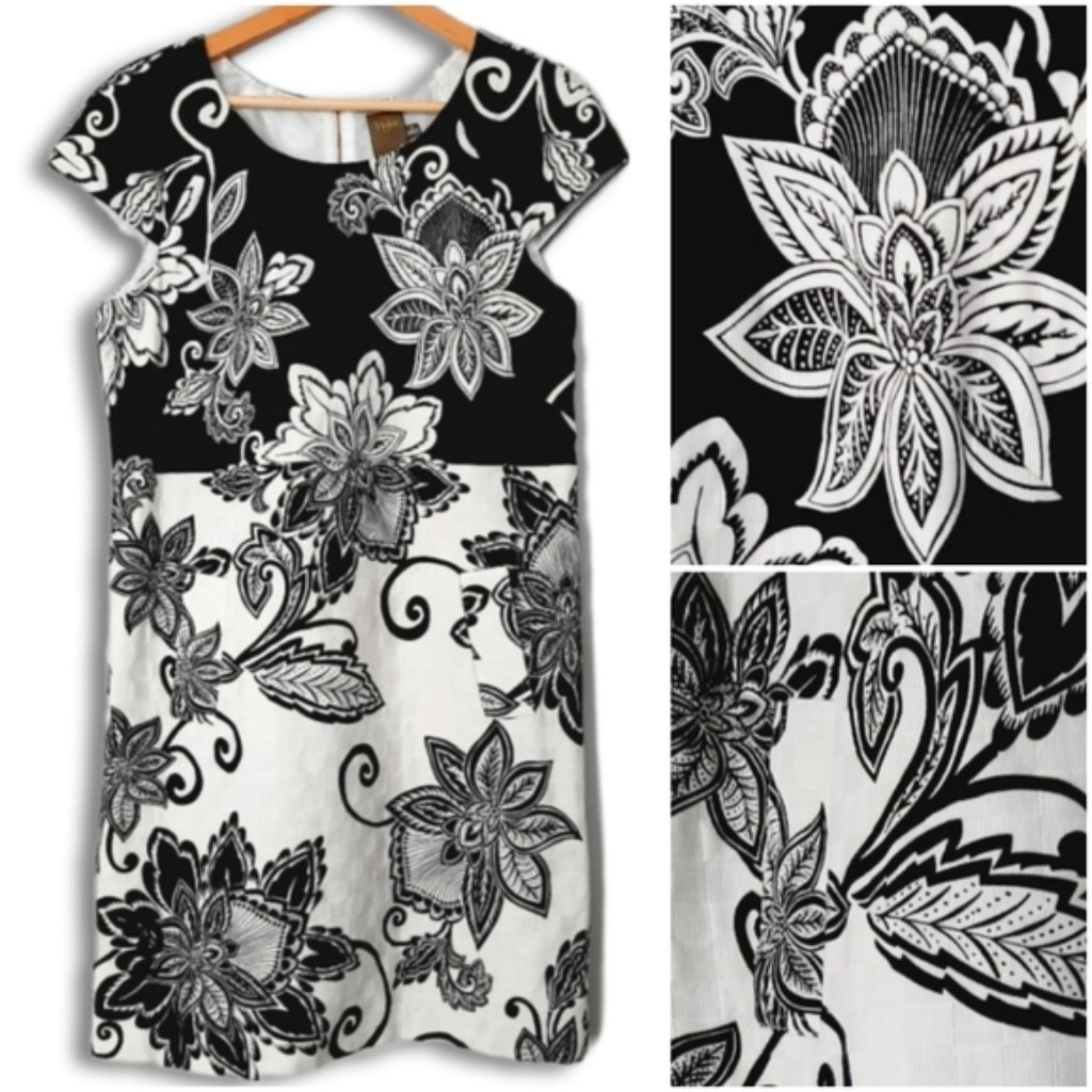 Taylor Black And White Floral Pattern Knee Length Dress W/ Pockets B&W Sz 10